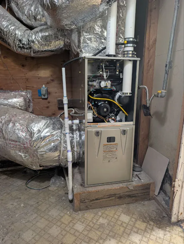Gas furnace Sunny installed, flex ducts and flue run in above it